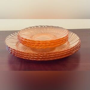 Pristine Set of 8 Vintage Arcoroc France Pink Glass Plates & Saucers